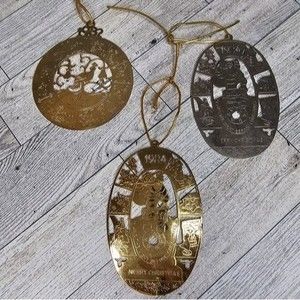 Set of 3 Metal 1980's Die Cut Christmas Holiday Ornaments (1982, 1984)